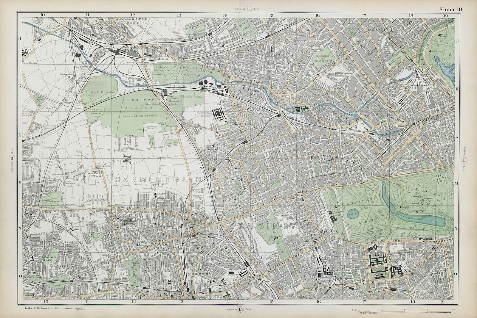 LONDON Notting Hill Kensington White City Hammersmith Bayswater BACON  1906 map